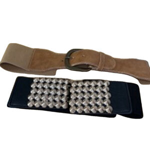 Two Wide Elasticised Belts Tan Brown Faux Leather / Black w/ Silver Studs 25-32”